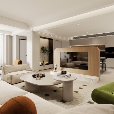 现代奶油风客餐厅，奶油风客厅，客厅，奶油风