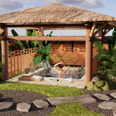 新中式露天温泉泡池禅意庭院花园花瓣温泉池温泉酒店私汤泡池竹编篱笆景观植物