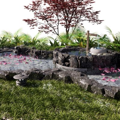 新中式露天温泉泡池禅意庭院花园花瓣温泉池温泉酒店私汤泡池水景景观树