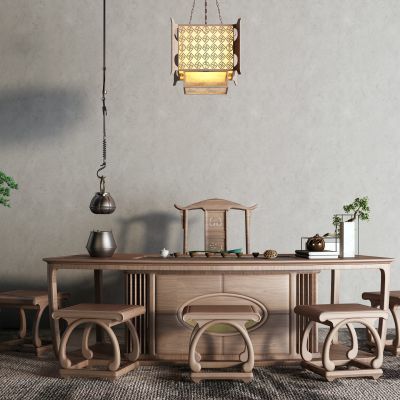 中式茶桌椅 盆栽 吊灯 茶具