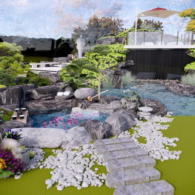 新中式温泉水景温泉泡池花瓣温泉池水钵景观植物庭院景观1