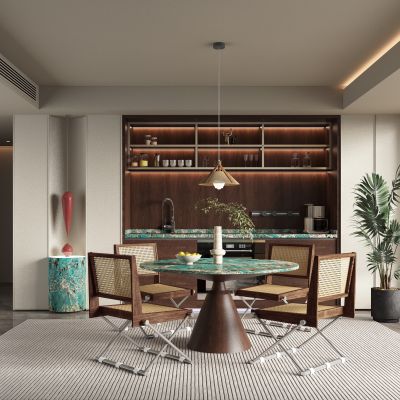 侘寂中古风餐厅 餐桌椅 吊灯 酒柜 餐边柜 挂画