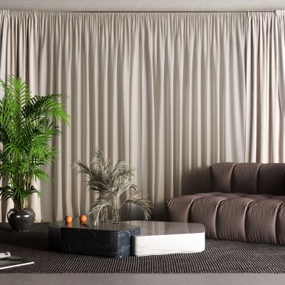 现代窗帘 纱帘 皮革沙发 大理石茶几 扫地机器人