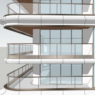 现代玻璃栏杆弧形玻璃护栏建筑护栏金属栏杆密斯氪阳台模型