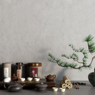 中式茶具 茶壶 茶叶 盆栽