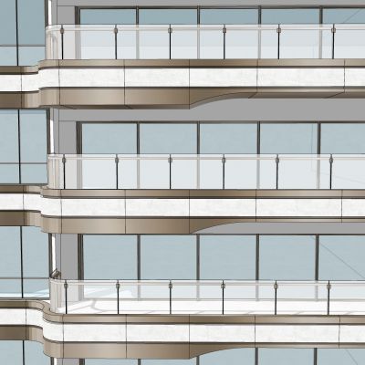 现代玻璃栏杆弧形玻璃护栏建筑护栏金属栏杆密斯氪阳台模型啊