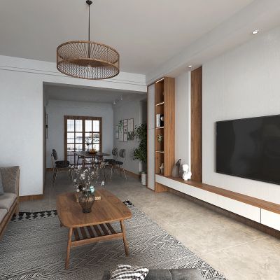 北欧客厅 餐厅 电视背景墙 原木桌