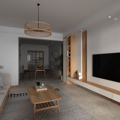 北欧客厅 餐厅 电视墙 原木餐桌