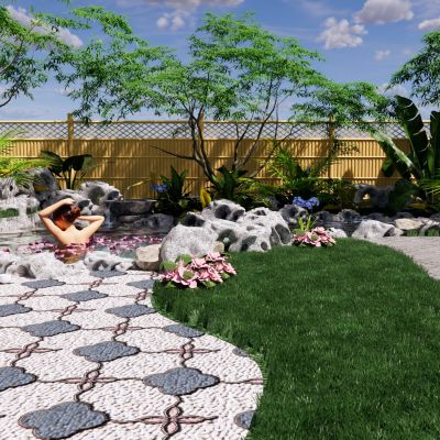 新中式温泉泡池禅意庭院花园花瓣温泉池温泉酒店私汤泡池庭园景观植物露天泡池