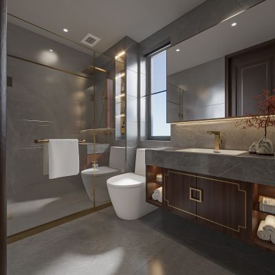 新中式卫生间 现代卫生间 浴室柜 洗脸盆 镜柜 淋浴3D模型