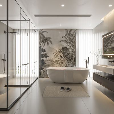 现代卫生间 浴室柜 洗脸盆 镜柜 浴缸 淋浴 玻璃房