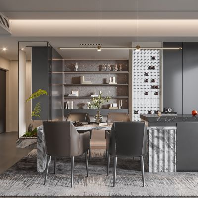 现代家居餐厅 餐桌椅组合 酒柜组合 饰品