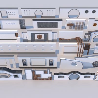 新中式景墙围墙 庭院小品景观 中式大门入口 造型墙