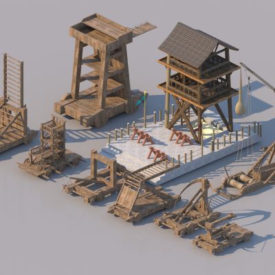 中式古代军事攻城战车器械 瞭望台组合