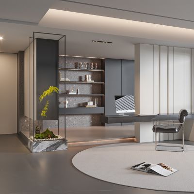 现代书房 无主灯书房 进门玄关柜 书柜组合 书桌组合 饰品摆件