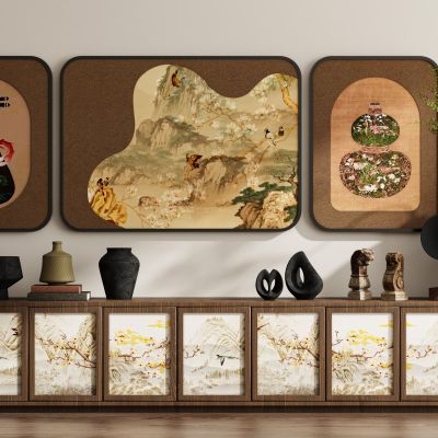 新中式中古风装饰画挂画边柜3D模型
