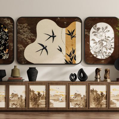 新中式中古风装饰画挂画边柜