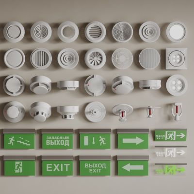 现代消防设备 烟感喷淋 烟雾报警器 安全出口 圆形通风口