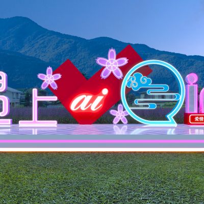 现代花海相框网红打卡点_爱情主题爱心雕塑小品_薰衣草花田公园景观