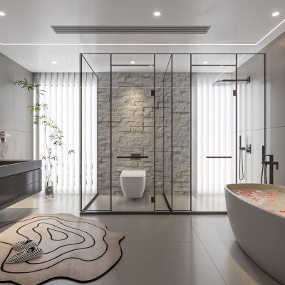 现代卫生间 浴室柜 洗脸盆 镜柜 浴缸 淋浴 玻璃房3D模型