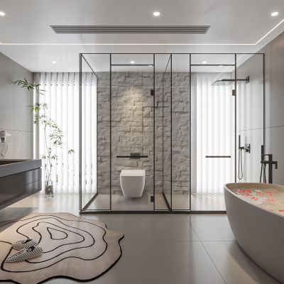 现代卫生间 浴室柜 洗脸盆 镜柜 浴缸 淋浴 玻璃房SU模型