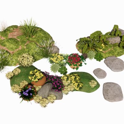 现代花草灌类草皮石头花境组合景观草地被花卉多肉花坛