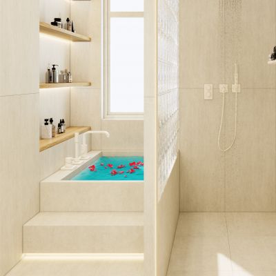 北欧 奶油风 暖色系 圆弧隔断 玻璃砖 浴缸 壁龛 卫生间