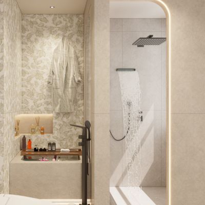 美式 奶油风 中古风 弧形 灯带 浴缸 淋浴 卫生间 