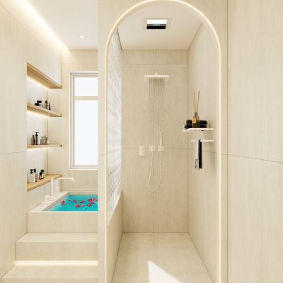 北欧 奶油风 暖色系 圆弧隔断 玻璃砖 浴缸 壁龛 卫生间