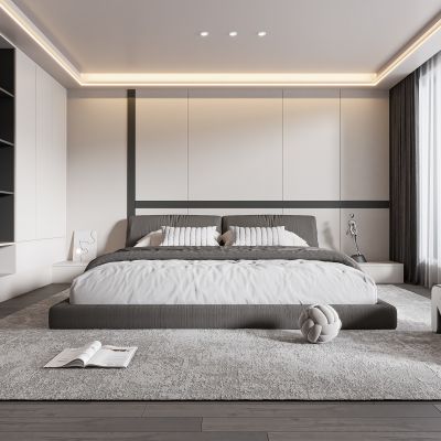 现代卧室 双人床 饰品 休闲椅 床头吊灯 无主灯造形吊顶 衣柜