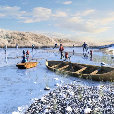 现代冬景湖泊滑冰场景