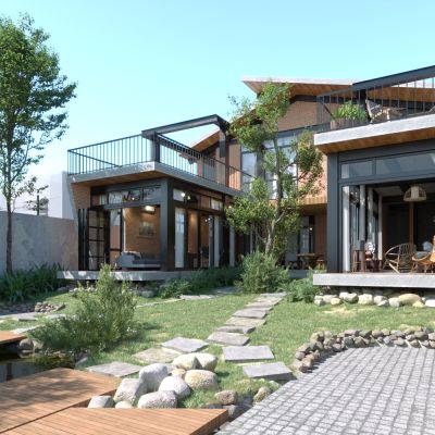 现代白天庭院建筑别墅3D模型