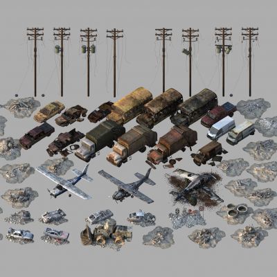 汽车残骸 废墟 飞机残骸 破旧汽车 末日场景 电线杆 建筑垃圾