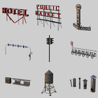 市政设施 广告牌 红绿灯 自行车停车区 屋顶水塔