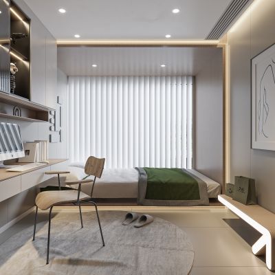 现代卧室 饰品 休闲椅 床头吊灯 无主灯造形吊顶 衣柜