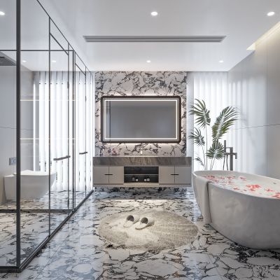 现代卫生间 浴室柜 洗脸盆 镜柜 浴缸 淋浴 玻璃房