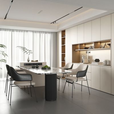 现代奶油风餐厅 现代岛台餐桌椅 奶油风岛台餐桌椅