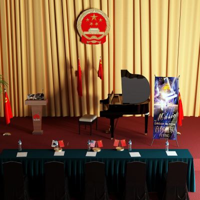 中式钢琴 演讲台 国徽 旗帜 红毯 盆栽