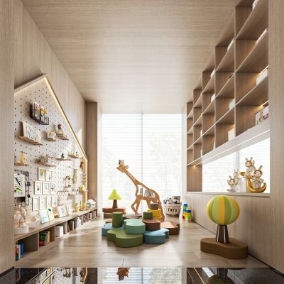 现代售楼处儿童区 动物书架 洞洞板 兔子宇航员 潮玩摆件