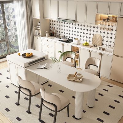 奶油风餐厅岛台餐桌椅