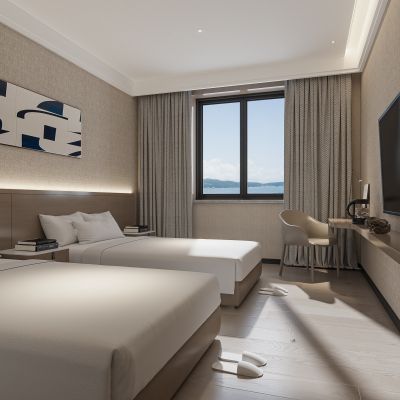 现代酒店客房 双人间 酒店房间 标间 宾馆 酒店卫生间 酒店电话 床头柜