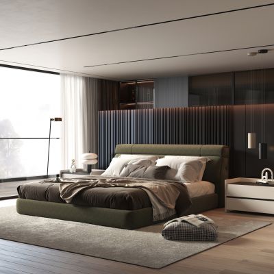 现代意式双人床床头柜组合