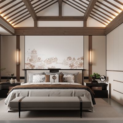 新中式卧室 双人床 床头柜 衣柜 脚踏 饰品摆件 无主灯