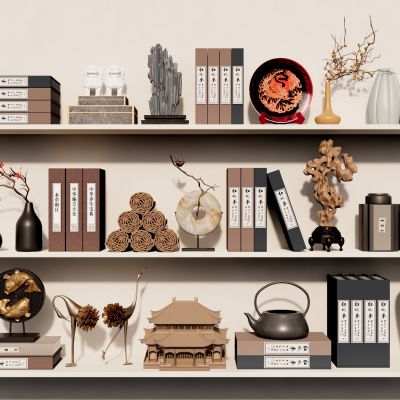 新中式饰品摆件组合书籍竹简花瓶茶壶太湖石古建筑模型