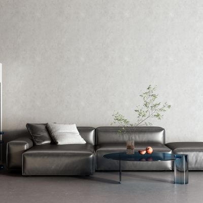 现代黑色皮革沙发 落地空调 玻璃茶几