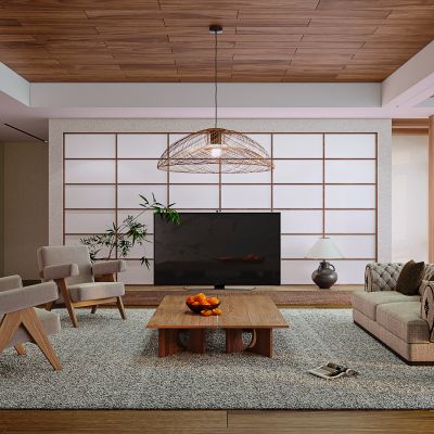 现代中古客厅沙发茶几休闲椅落地灯绿植边几边柜吊灯台灯