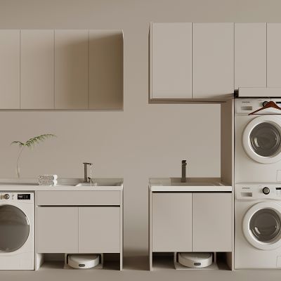 现代家居阳台 阳台柜 洗衣机柜 洗手台 水龙头 烘干机 扫地机器人