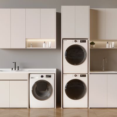 现代奶油风阳台柜 智能洗衣机 烘干机 台盆 水龙头 日用品