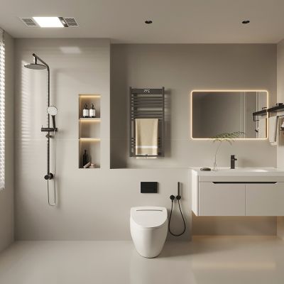 现代奶油风卫生间 浴室柜 电加热毛巾杆架 花洒淋浴 智能马桶