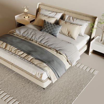 现代双人床 床头柜 枕头抱枕 现代卧室 地毯 卧室双人床